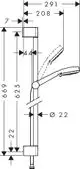 Weißes Brauseset von Hansgrohe mit verstellbarer Brausestange und Handbrause. Technische Zeichnung mit Maßangaben und Detailansichten.